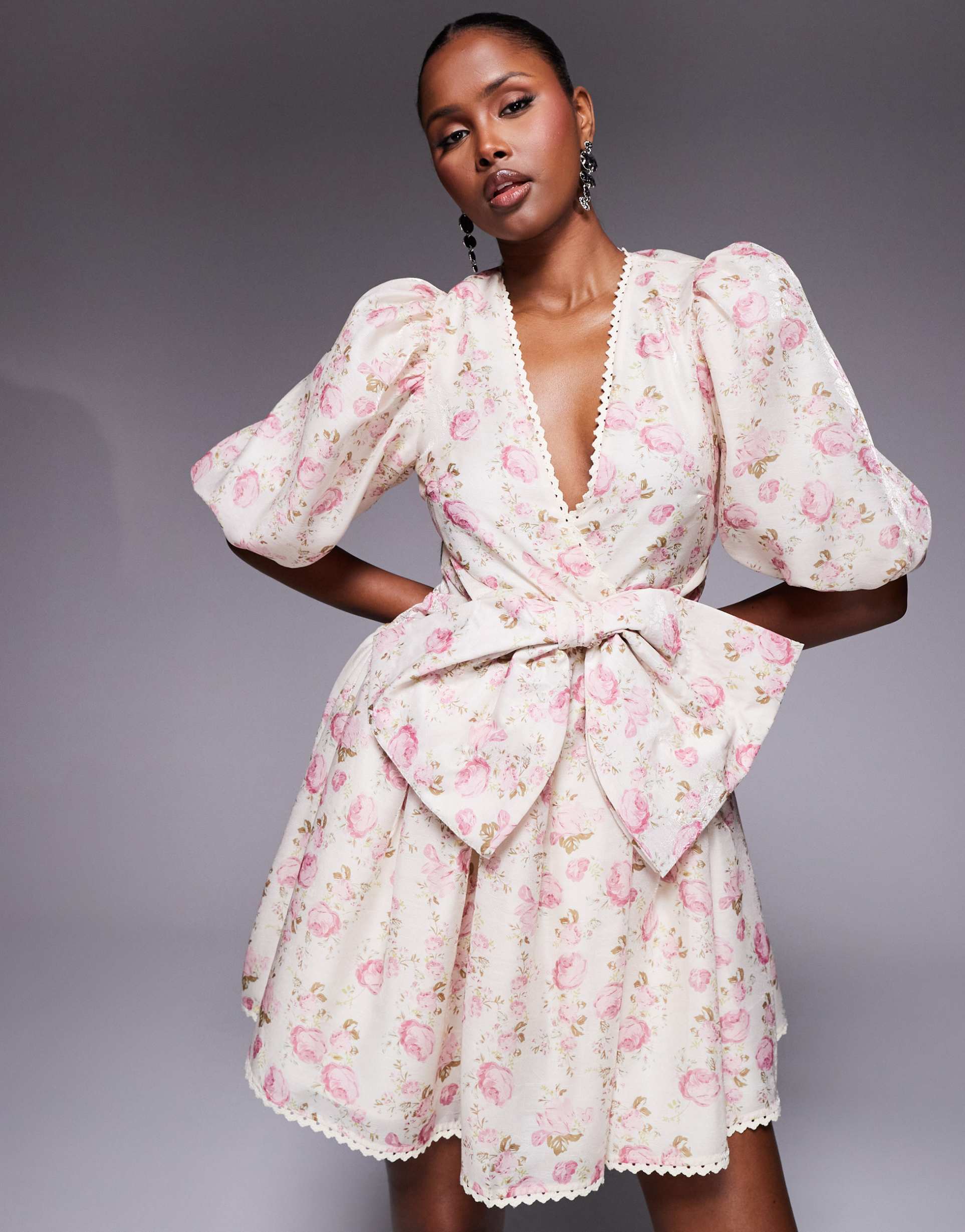 asos luxe jacquard puff sleeve mini dress with bow detail in floral print