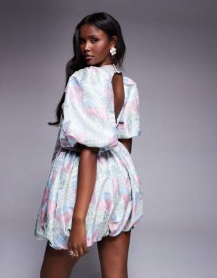 Asos Luxe Jacquard Puff Sleeve Mini Dress With Bow In Blue