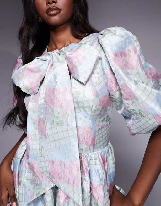 ASOS LUXE jacquard puff sleeve mini dress with bow in multi patchwork print, 3 of 4