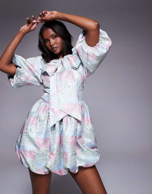 ASOS LUXE jacquard puff sleeve mini dress with bow in multi patchwork print, 4 of 4