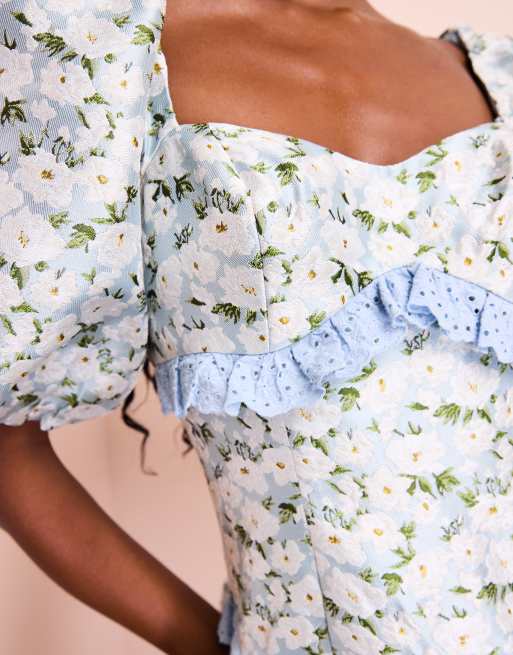 ASOS LUXE jacquard puff sleeve skater mini dress with embroidered trim in  blue floral print | ASOS