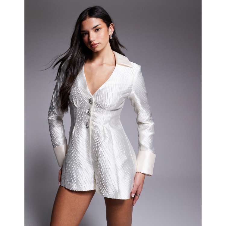 ASOS LUXE jacquard romper with cinched waist in white | ASOS