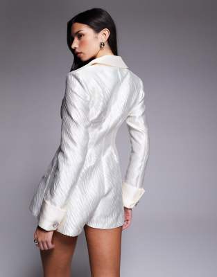 Asos Luxe Jacquard Romper With Cinched Waist In White