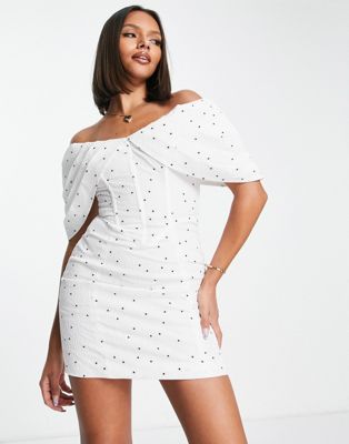 ASOS LUXE jacquard ruffle bardot mini dress in spot   - ASOS Price Checker