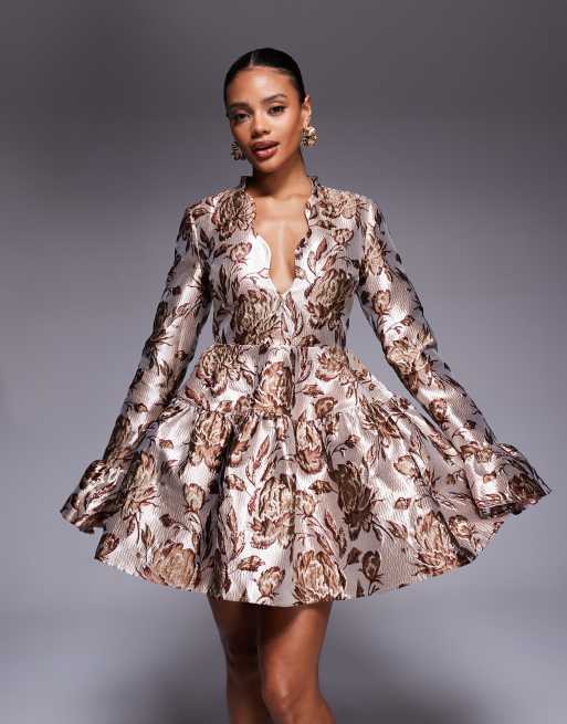 ASOS LUXE jacquard scalloped skater dress in gold leaf