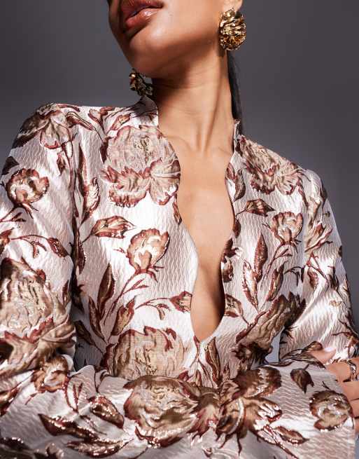 ASOS LUXE jacquard scalloped skater dress in gold leaf