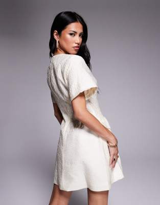 Asos Luxe Jacquard Sculpted Mini Dress With Embellished Buttons In White