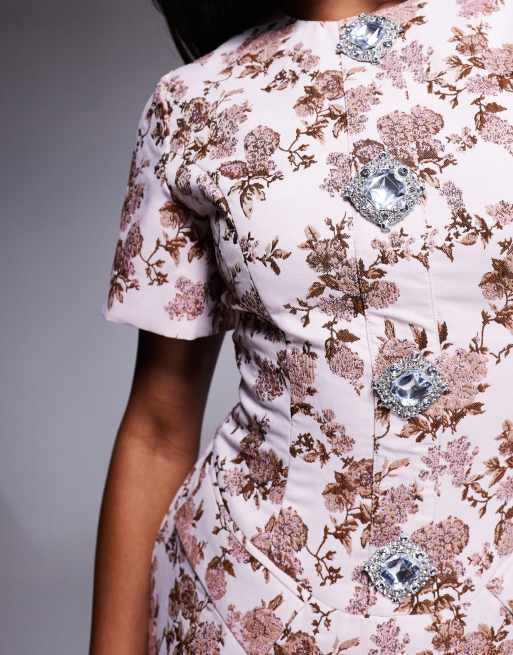 ASOS LUXE jacquard sculpted mini dress with embellished buttons in tapestry floral, 2 of 4