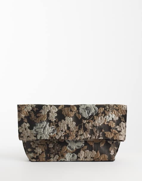 ASOS LUXE jacquard soft fold-over clutch in black and gold jacquard - view 1