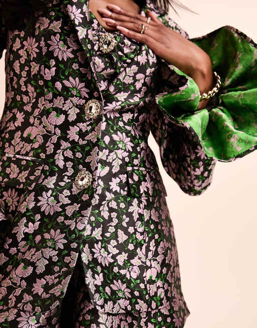 ASOS LUXE jacquard tailored blazer with embellished buttons in black & purple floral print, 4 of 4