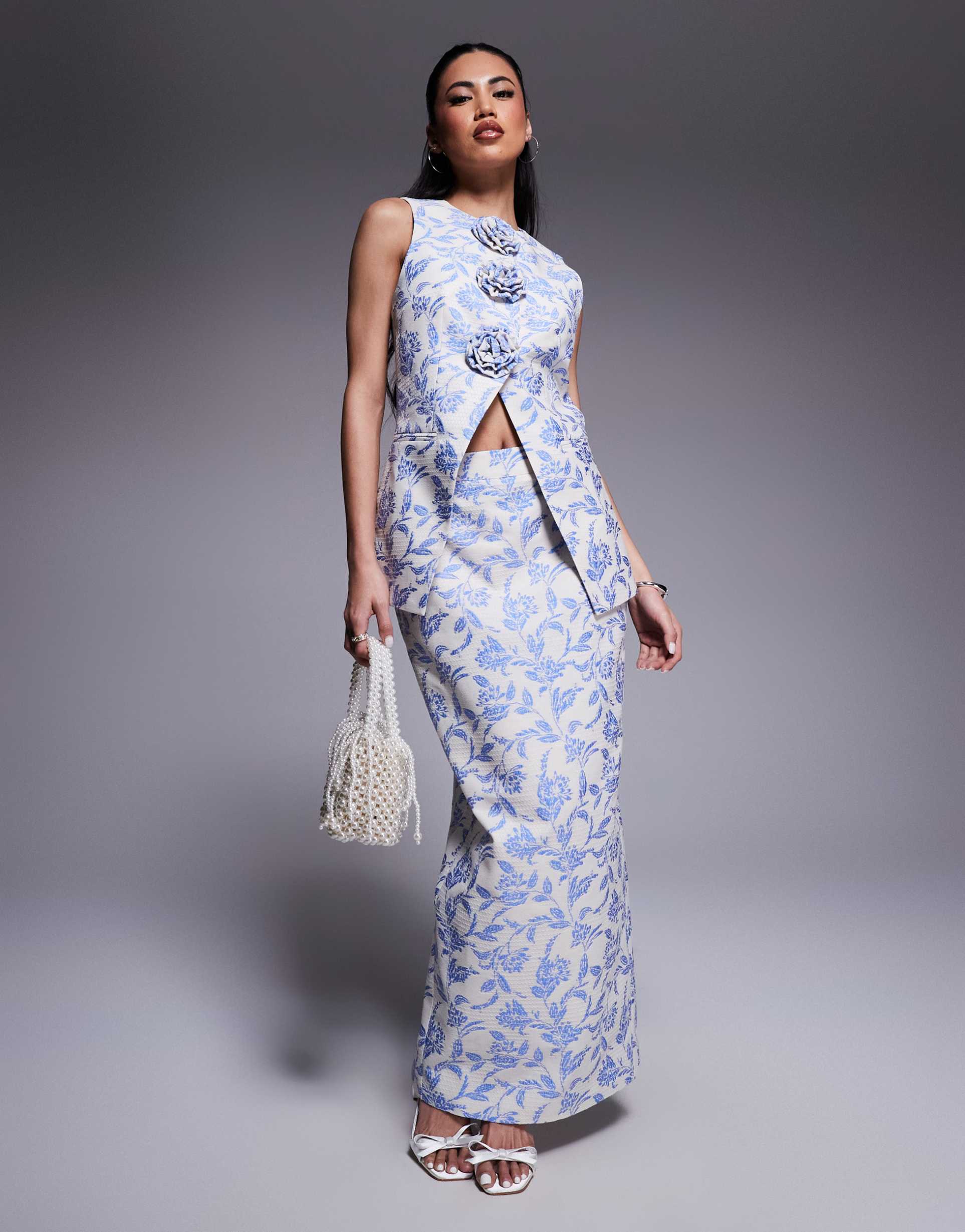 asos luxe jacquard tailored maxi skirt with slit back in tapestry floral - part of a set