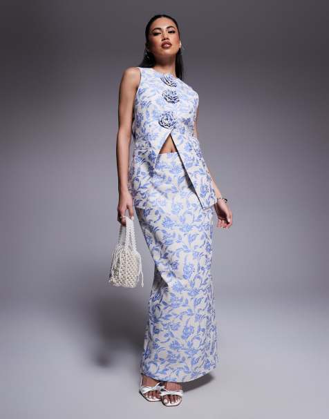 ASOS LUXE jacquard tailored maxi skirt with split back in tapestry floral (part of a set) - view 1