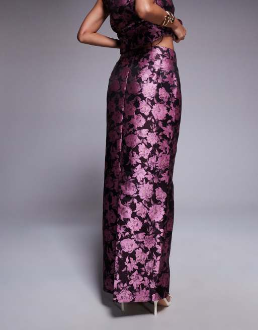 ASOS LUXE jacquard tailored skirt with split back in pink floral (part of a set), 3 of 5