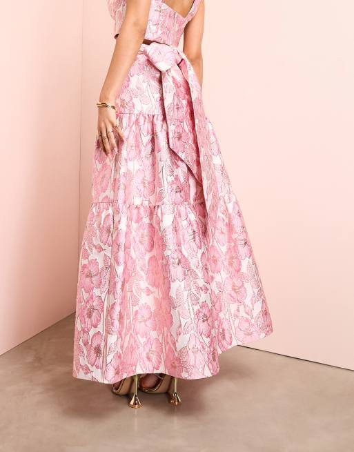 ASOS LUXE jacquard tiered maxi skirt with bow back in pink floral