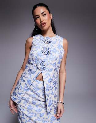 ASOS LUXE - Jacquard-Weste mit 3D-Blumendetails und blauem floralem Gobelinmuster, Kombiteil