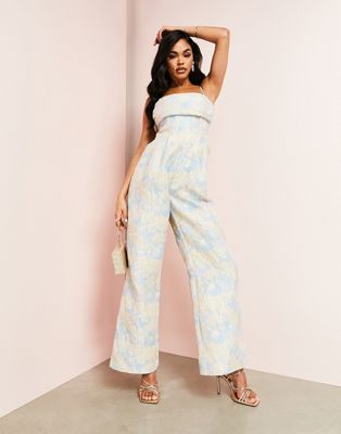 ASOS LUXE jacquard wide leg jumpsuit in floral blue - ASOS Price Checker
