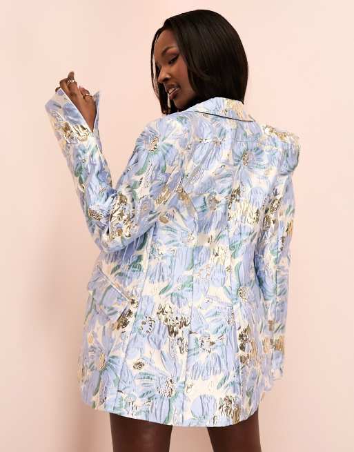 ASOS Luxe - Jacquardblazer med skulderpuder i blåt blomsterprint - Del af sæt, 2 af 4