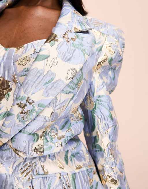ASOS Luxe - Jacquardblazer med skulderpuder i blåt blomsterprint - Del af sæt, 3 af 4