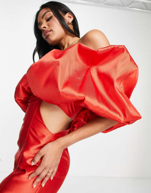 ASOS Luxe – Jaskrawoczerwona satynowa sukienka midi z bufkami i dekoltem bardot, 4 z 4