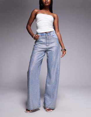 ASOS Luxe – Jasnoniebieskie jeansy z szerokimi nogawkami zdobione strasami - view 1