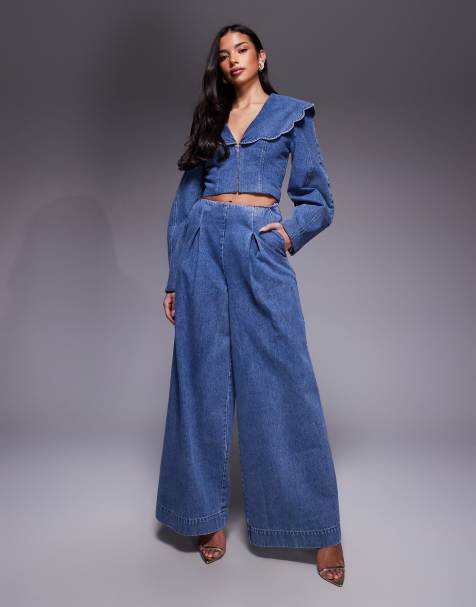 ASOS LUXE - Jean d'ensemble ample à détail corset - Bleu moyen - view 1