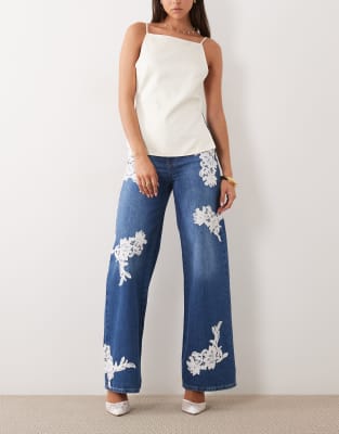 Jean large avec dentelle appliquée - Bleu 46