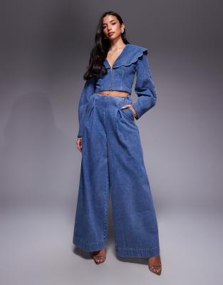 ASOS LUXE - Jeans in Mittelblau mit Korsettdetail und weitem Bein, Kombiteil