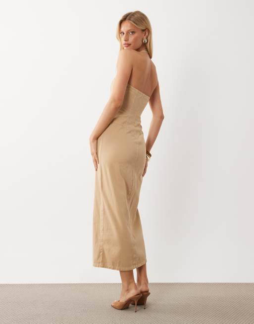 ASOS LUXE Jeans-Maxikleid mit Reißverschluss vorn in Camel, 2 von 4