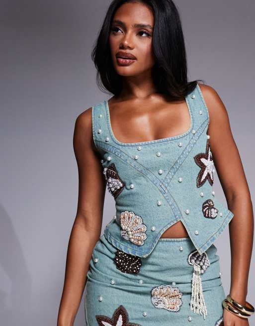 ASOS Luxe – Jeansowy top gorsetowy zdobiony perełkami z motywami morskimi, część zestawu