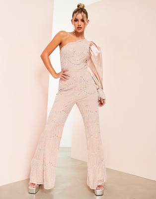 ASOS LUXE - Jumpsuit in Rosa mit Kunstperlenverzierung und einem Ärmel