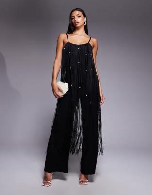 ASOS LUXE - Jumpsuit in Schwarz mit Perlenverzierung und Fransenbesatz