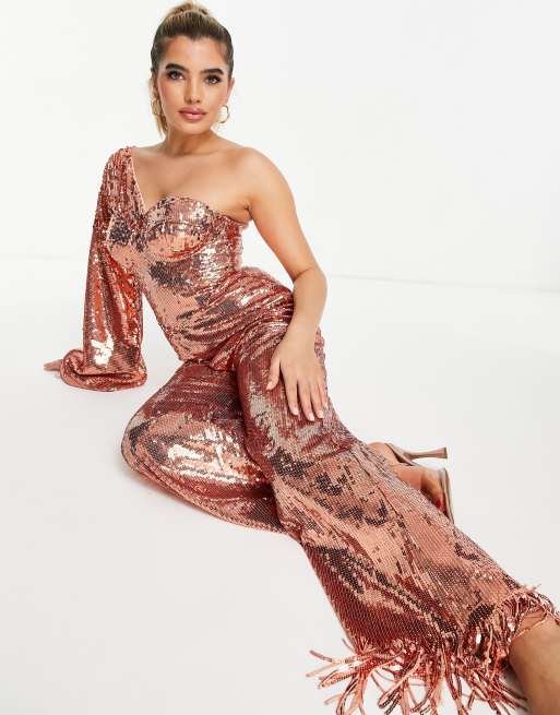 ASOS LUXE - Jumpsuit met lovertjes, extreme mouwen en zoom met franjes in roségoud