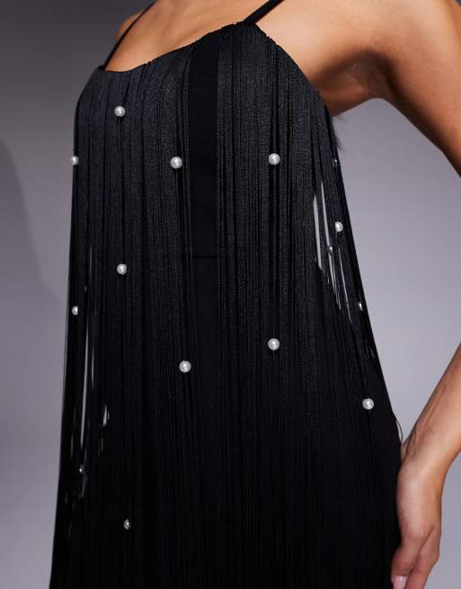 ASOS LUXE - Jumpsuit met parelversiering en franjes in zwart, 3 van 4