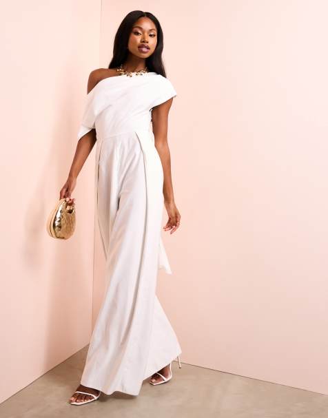 ASOS LUXE - Jumpsuit met verlaagde schouders en strik achter in crème - view 1