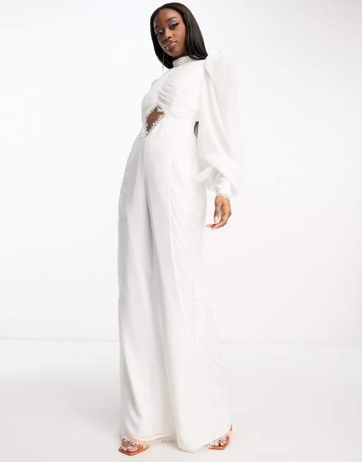 ASOS LUXE - Jumpsuit van gerimpeld chiffon met blousonmouwen en kantdetail in wit, 2 van 4