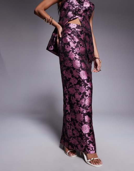 ASOS LUXE - Jupe habillée d'ensemble fendue à l'arrière en jacquard fleuri - Rose, 2 de 5