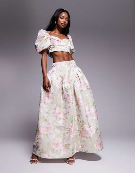 ASOS LUXE - Jupe longue d'ensemble en jacquard avec motif tulipes et nœud au dos - view 1