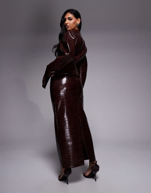 ASOS LUXE - Jupe mi-longue portefeuille d'ensemble effet croco - Chocolat, 4 de 5