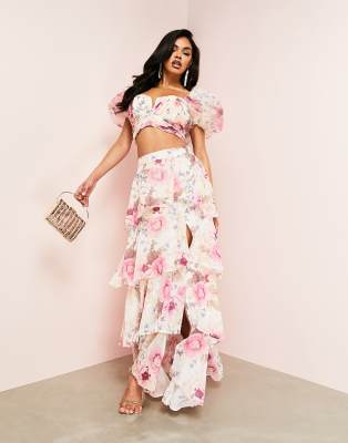 ASOS LUXE - Jupe portefeuille longue d'ensemble étagée et froncée à fleurs