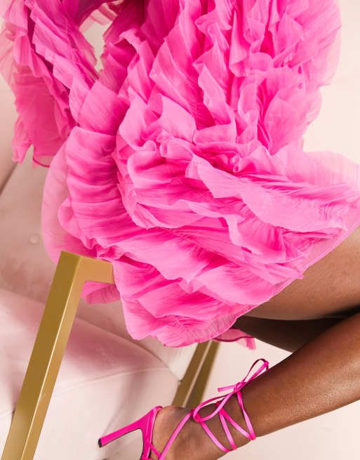ASOS LUXE - Jurk met ruches van organza in felroze, 3 van 4