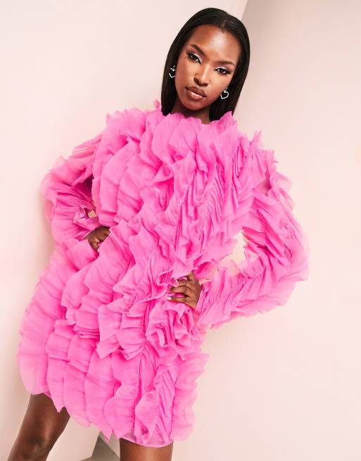 ASOS LUXE Jurk met ruches van organza in felroze ASOS