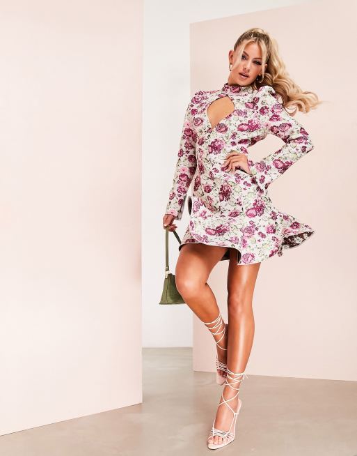 Beige Lilac Floral Cutout Mini Dress