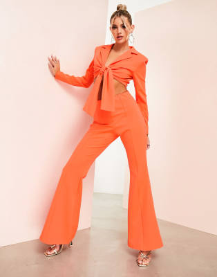 ASOS DESIGN rib kick flare pant in mustard orange