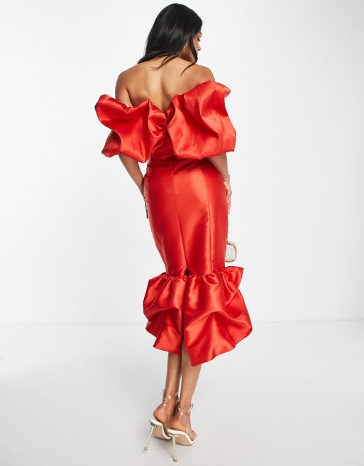 ASOS LUXE – Klarröd midiklänning med bardot-ringning och bubblig detalj av satin, 3 av 4