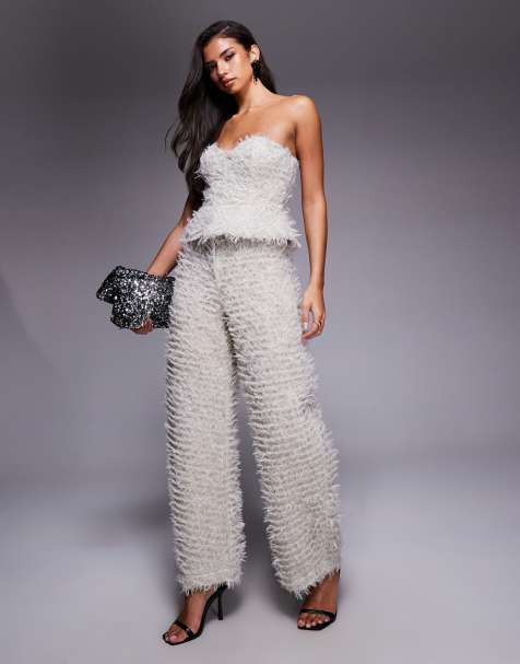 ASOS LUXE knit peplum bandeau top and barrel leg pants set in gray - view 1