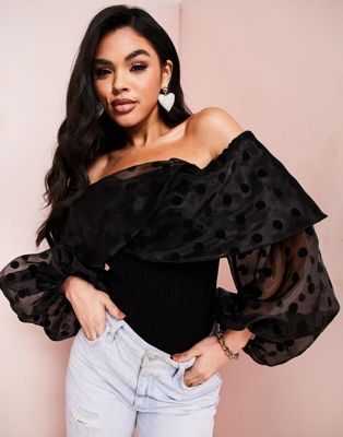 ASOS LUXE knitted bardot body with extreme dobby sleeves in black
