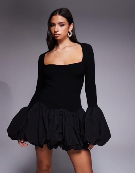 ASOS LUXE knitted mini dress with bubble hem and cuff in black - view 1