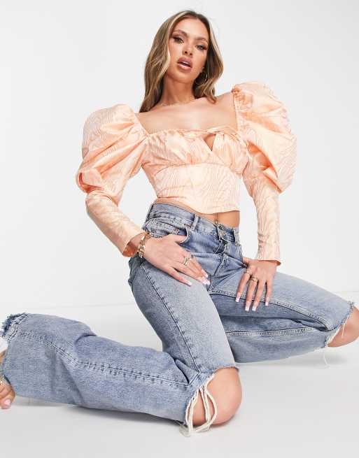 ASOS – LUXE – Korallfärgad korsett i virvelmönstrad jacquard och puffärmar, 4 av 4
