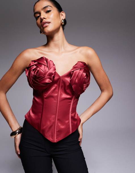 ASOS LUXE - Korset bandeau-top van satijn met corsage in bessenrood - view 1
