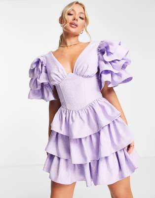 ASOS LUXE - Korsett-Minikleid in Fliederlila mit Rüschensaum und -ärmeln-Gelb